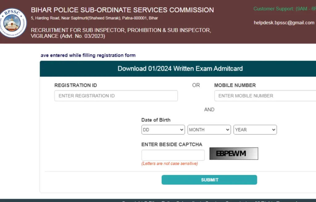 BPSSC SI PET admit card
